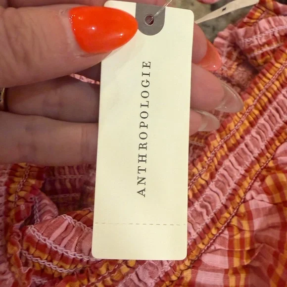 Anthropologie 100% Cotton Pink and Coral Gingham Smocked Romper - Picture 10 of 14